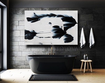 72'' Black White Wall Art Japandi Wall Art, Minimalist Art Black White Painting, Floral Abstract Art, Wabi Sabi Art, Huge Wall Art Decor