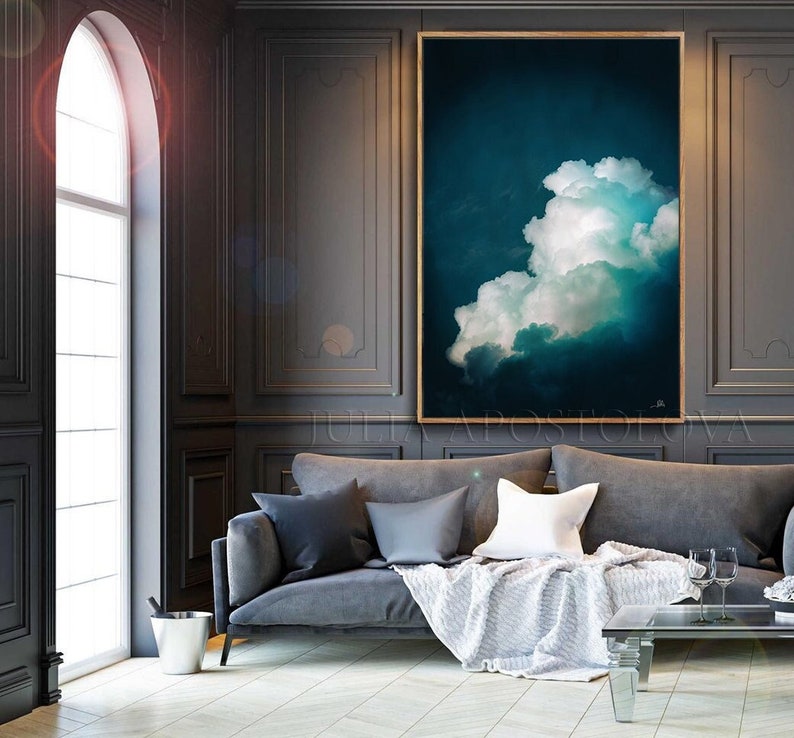 Cloud Painting Print, Dark Teal Wall Art for Trending Decor, Large Wall Art, Minimalist Painting Cloud Canvas Art Gift by Julia Apostolova image 1