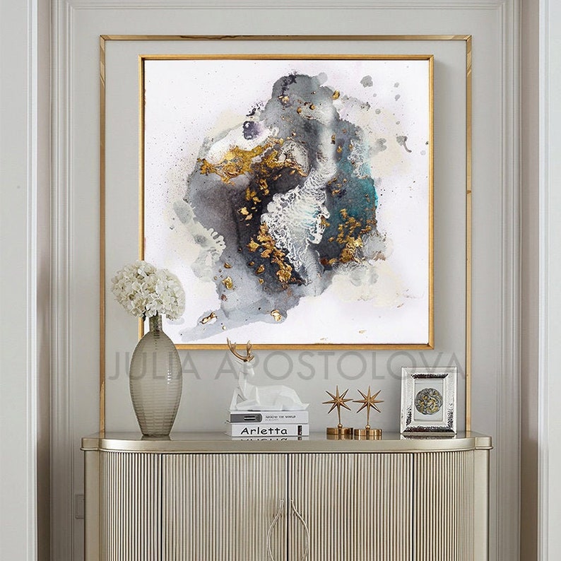 50'' Huge Gray Black White Gold Abstract Art Canvas Etsy