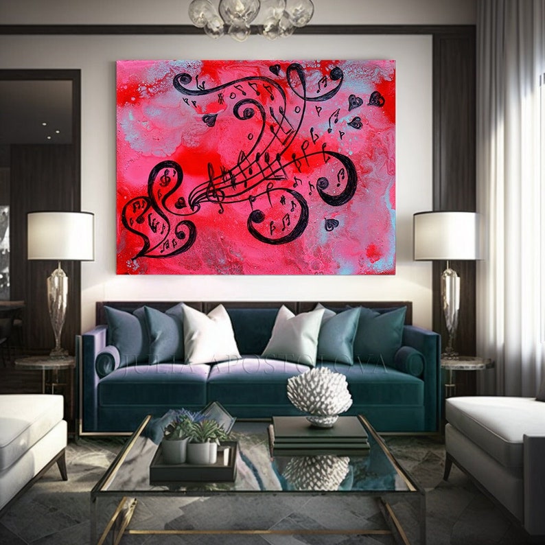 Abstract art music notes print on large canvas from Original Music Painting, pink black art wall decor, abstract music print, Gift for Her image 1