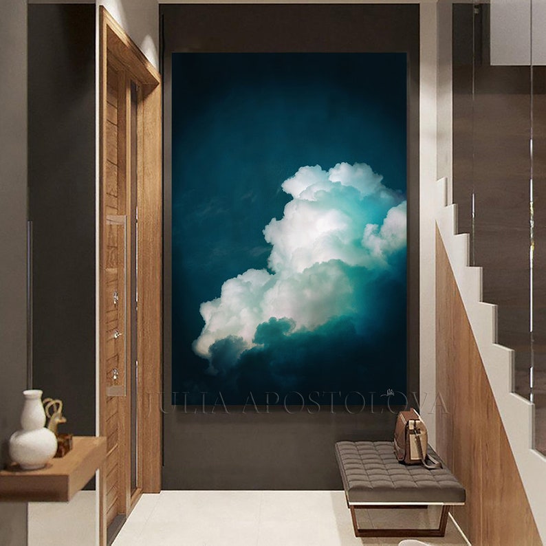 Cloud Painting Print, Dark Teal Wall Art for Trending Decor, Large Wall Art, Minimalist Painting Cloud Canvas Art Gift by Julia Apostolova image 7