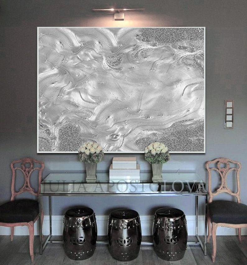 Grey Wall Art Silver Embellished Grey Canvas With Metallic | Etsy UK