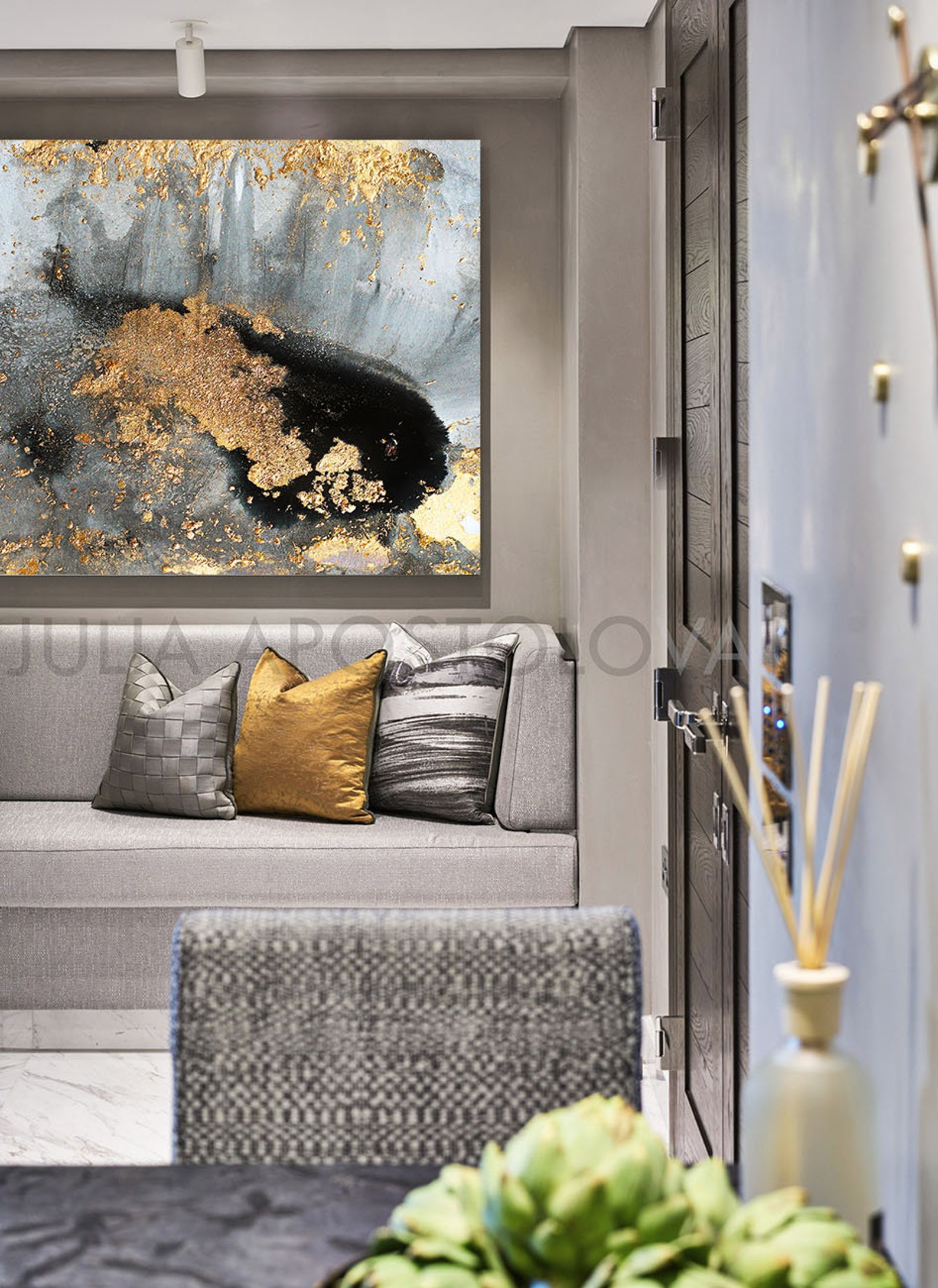 Grey Gold Black & Gold Leaf Large Luxury Wall Art Canvas Print Etsy