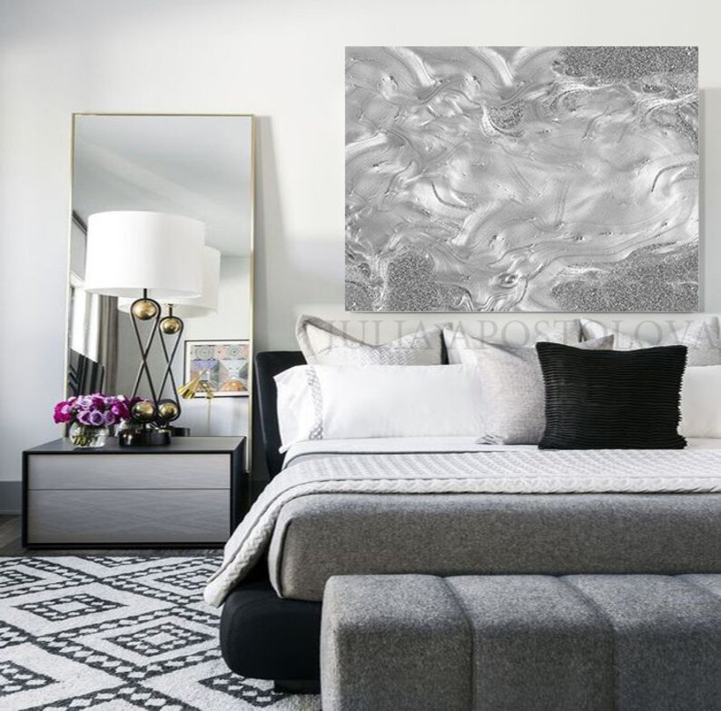 Grey Wall Art Silver Embellished Grey Canvas With Metallic Etsy UK