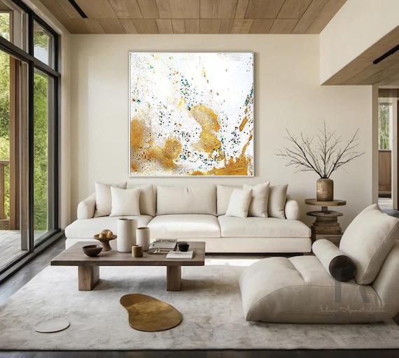 Gold Leaf Wall Art Abstract Minimalist Painting White Gold Large Abstract Canvas Art Modern Decor with Real Gold Foil by Julia Apostolova