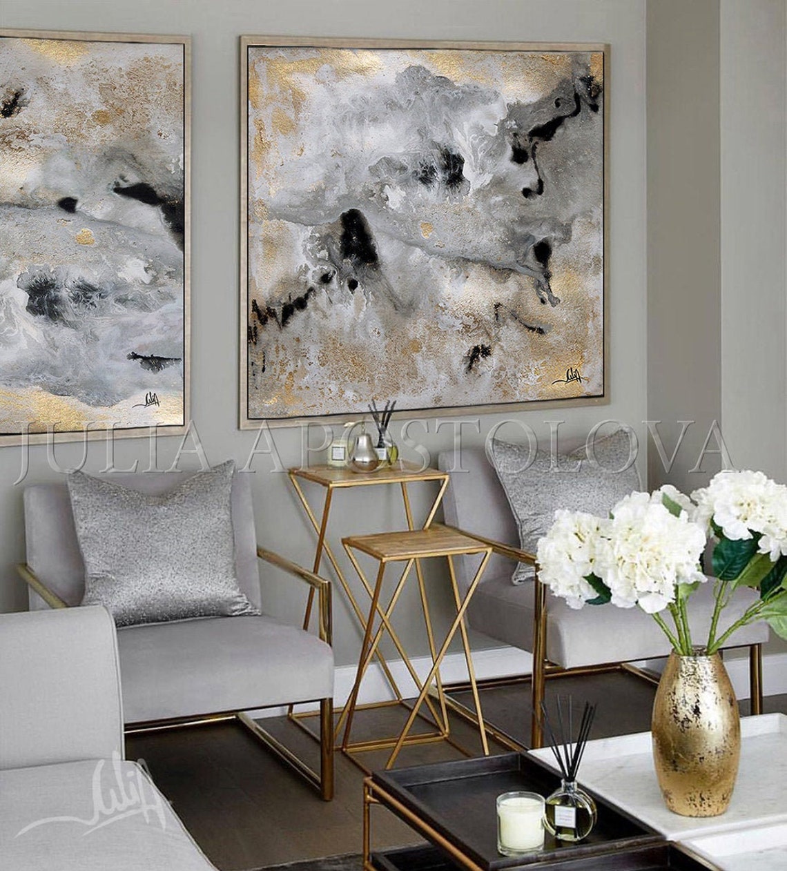 Luxury Art Gold Leaf Paintings Gray Gold Wall Art Huge Wall Etsy