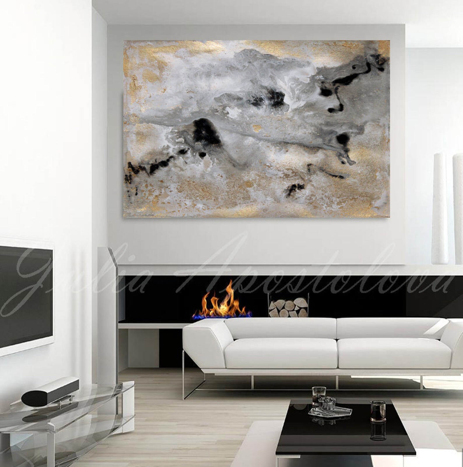 Rectangle Wall Art Gold Leaf Print Large Abstract Canvas Etsy