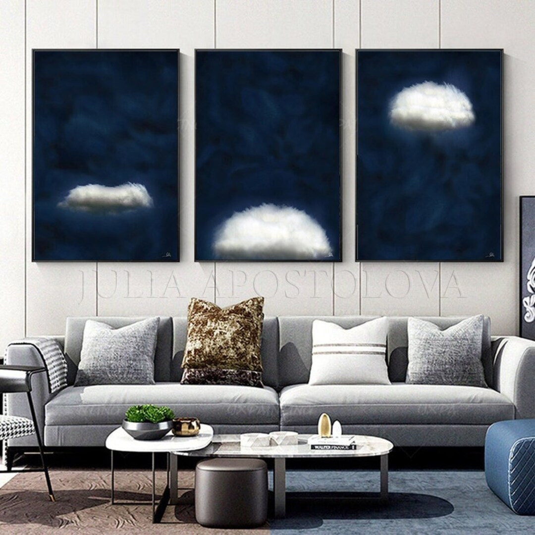 96'', Dark Blue Wall Art, Cloud Painting Print, Minimalist Canvas Art