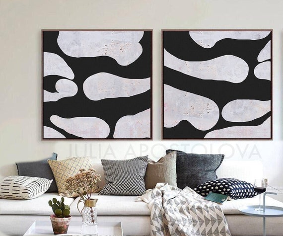 Abstract Black White Art, Set of 2 Large Paintings on Canvas, Contemporary Wall Decor, Modern Textured Art, Trendy Home Artwork