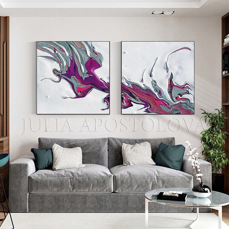 Large Abstract Canvas Art Modern Wall Art Print Set in White Purple Elegant Living Room Decor image 9