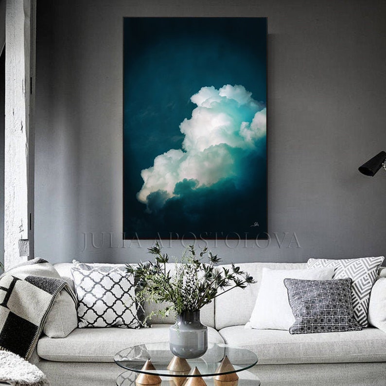 Cloud Painting Print, Dark Teal Wall Art for Trending Decor, Large Wall Art, Minimalist Painting Cloud Canvas Art Gift by Julia Apostolova image 5