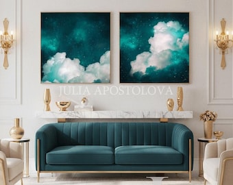 Dark Teal Clouds, Dreamy Cloud Wall Art Set, Oversized Canvas, Celestial Vibes, XL Abstract Paintings, 110'' Trendy Decor by JuliaApostolova