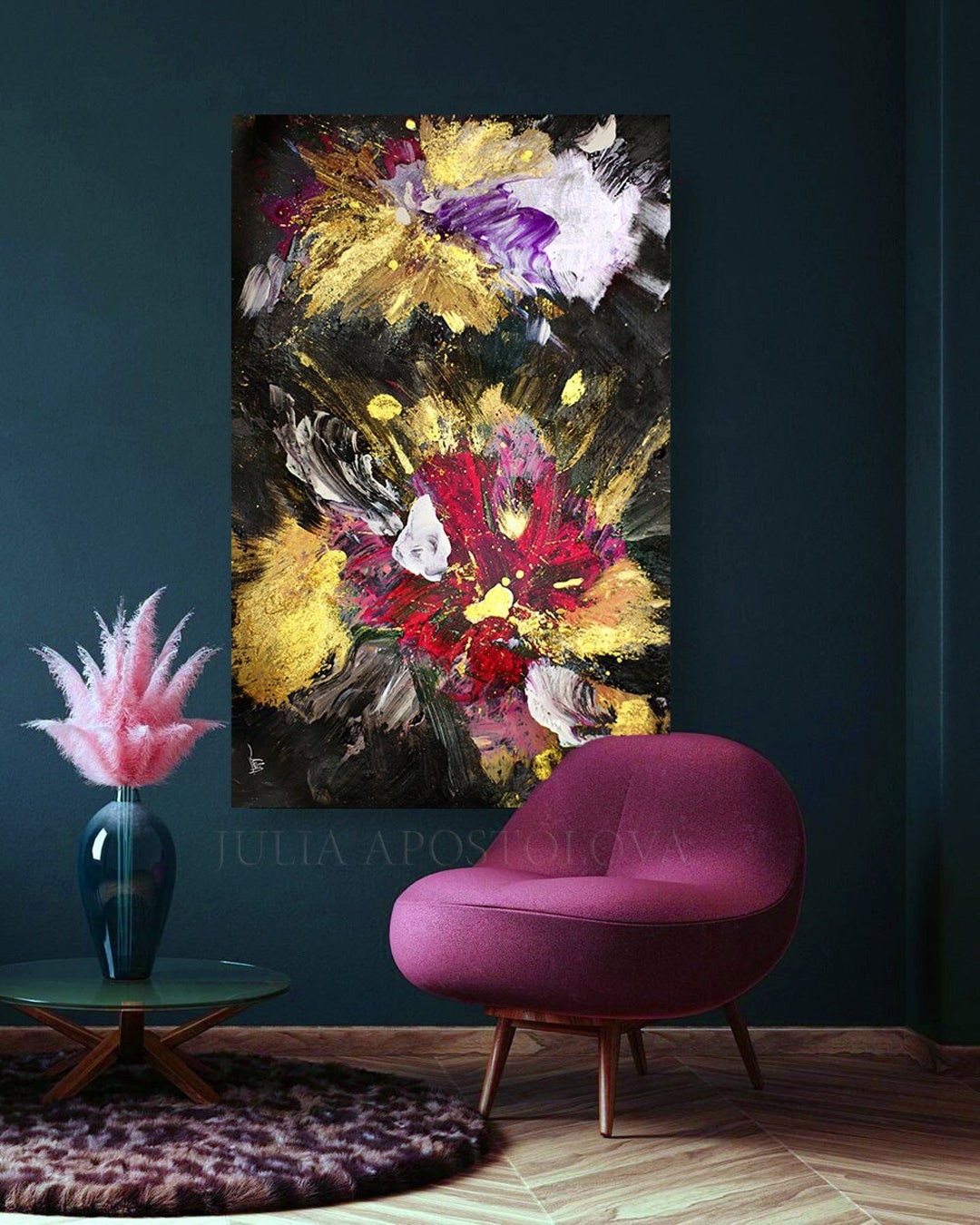 Gold Pink Floral Painting, Dark Black Fuchsia Wall Art, Eyecatching