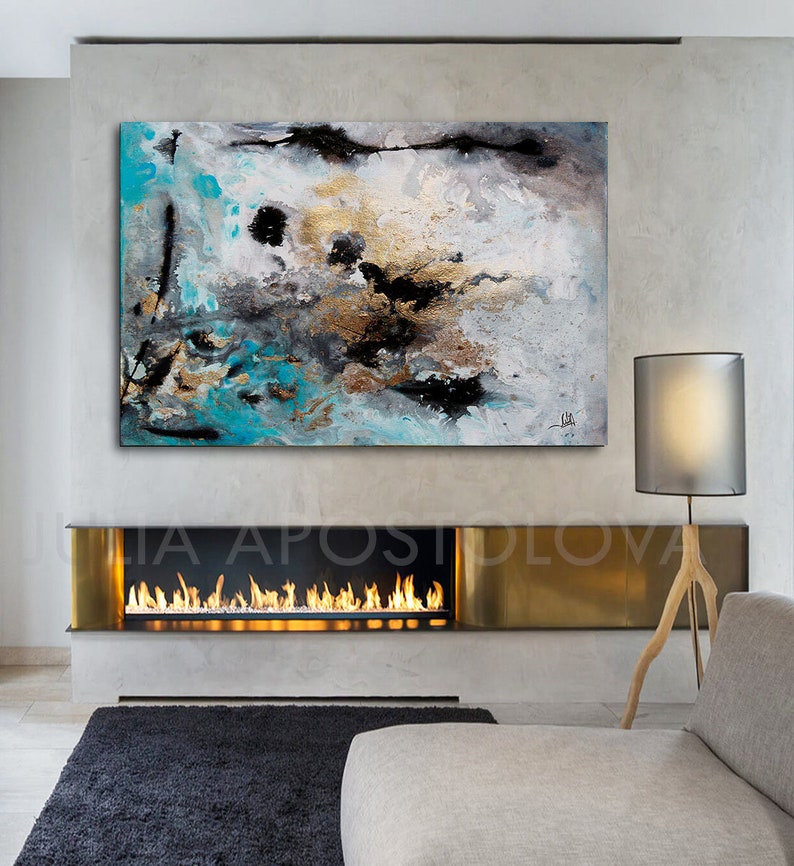 Rectangle Wall Art Gray Black Gold Teal Large Abstract Etsy