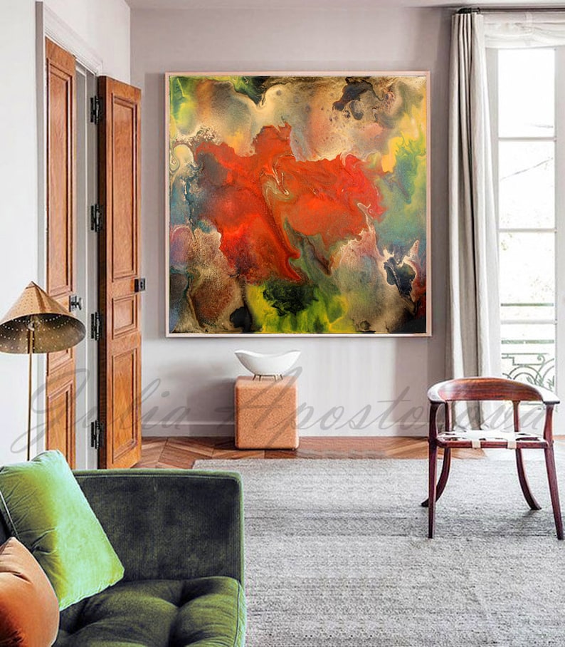 Large Wall Art, Abstract Canvas Art, Red and Gold, Print, Gold Large Abstract Print, ''Feelings Eruption'' by Fine Artist, Julia Apostolova image 2