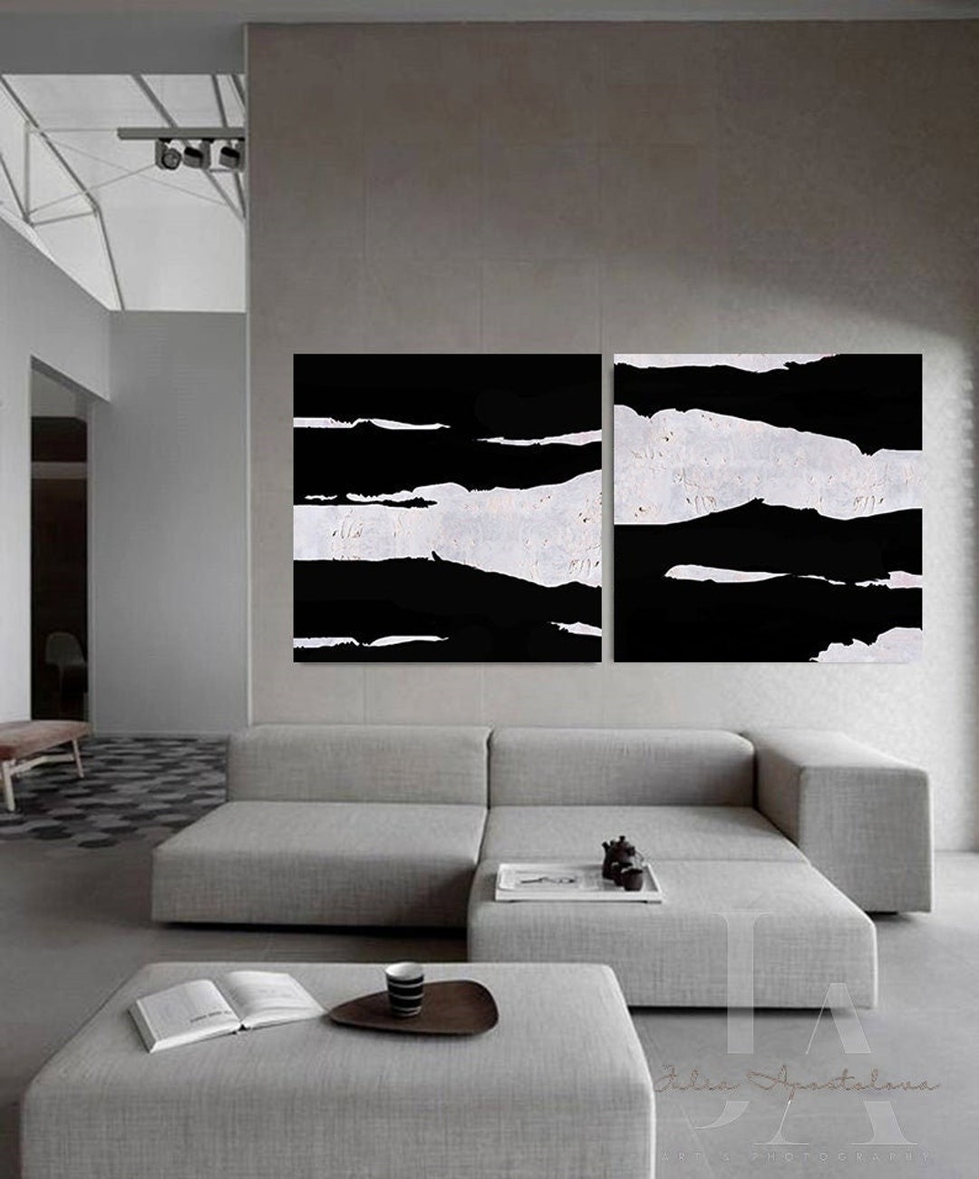 Modern Abstract Black White Paintings Set, Large Wall Art Textured ...