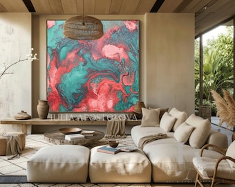 Teal Coral Abstract Painting - Large Wall Art Canvas Print - Living room Boho Decor - 'Coral Sea' JuliaApostolova