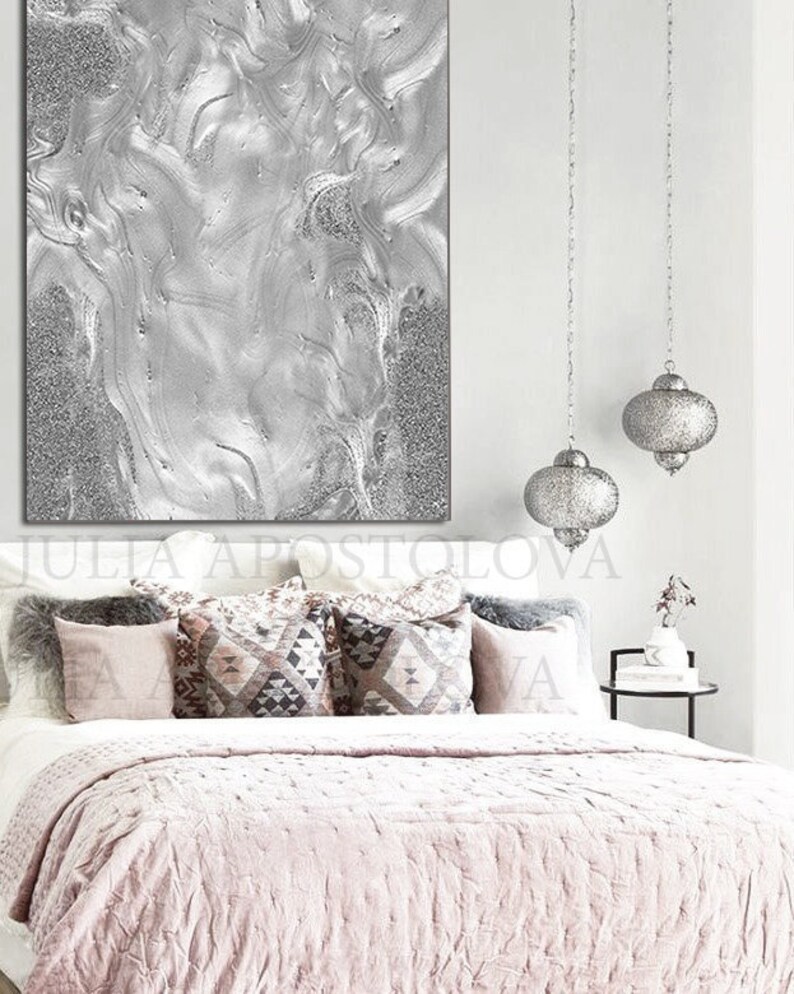 Grey Wall Art Silver Embellished Grey Canvas With Metallic Etsy UK