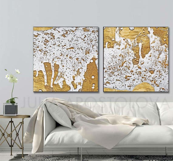Diptych Gold Leaf Painting Abstract Print White and Gold Etsy