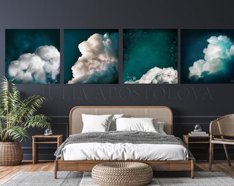 Teal Cloud Painting Emerald Art Large Abstract Paintings Set of Dark Teal Wall Art Gift Canvas Prints by choice Oversized Gallery Wall Decor