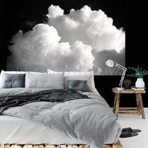 May include: A bedroom scene featuring a bed with gray bedding, pillows, and a dark gray throw. A large black and white cloud mural hangs above the bed. A small wooden side table holds a lamp and plant.
