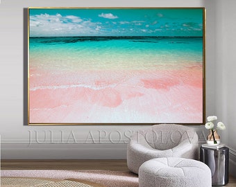 Pink Sand Beach Art, Coastal Abstract Canvas, Large Office Decor, Relaxing Wall Art, Pastel Colors Painting, Above Bed Print