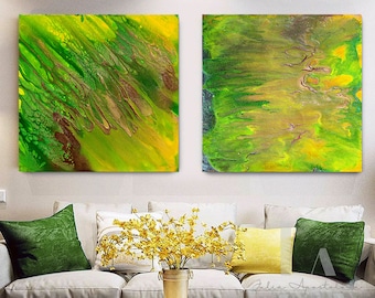 90'', Large Wall Art, Green Abstract Art Diptych Painting for Zen Decor, Two Piece Set Art of Green Prints, Green Watercolor Bright Wall Art