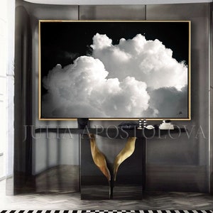 80'' CLOUD PAINTING Black and White Cloud Wall Art Minimalist Painting Print Abstract Cloud Canvas & Large Wall Art Modern Painting by Julia image 3