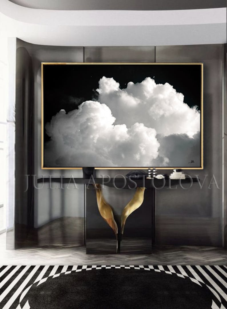 80'' CLOUD PAINTING Black and White Cloud Wall Art Minimalist Painting Print Abstract Cloud Canvas & Large Wall Art Modern Painting by Julia image 3