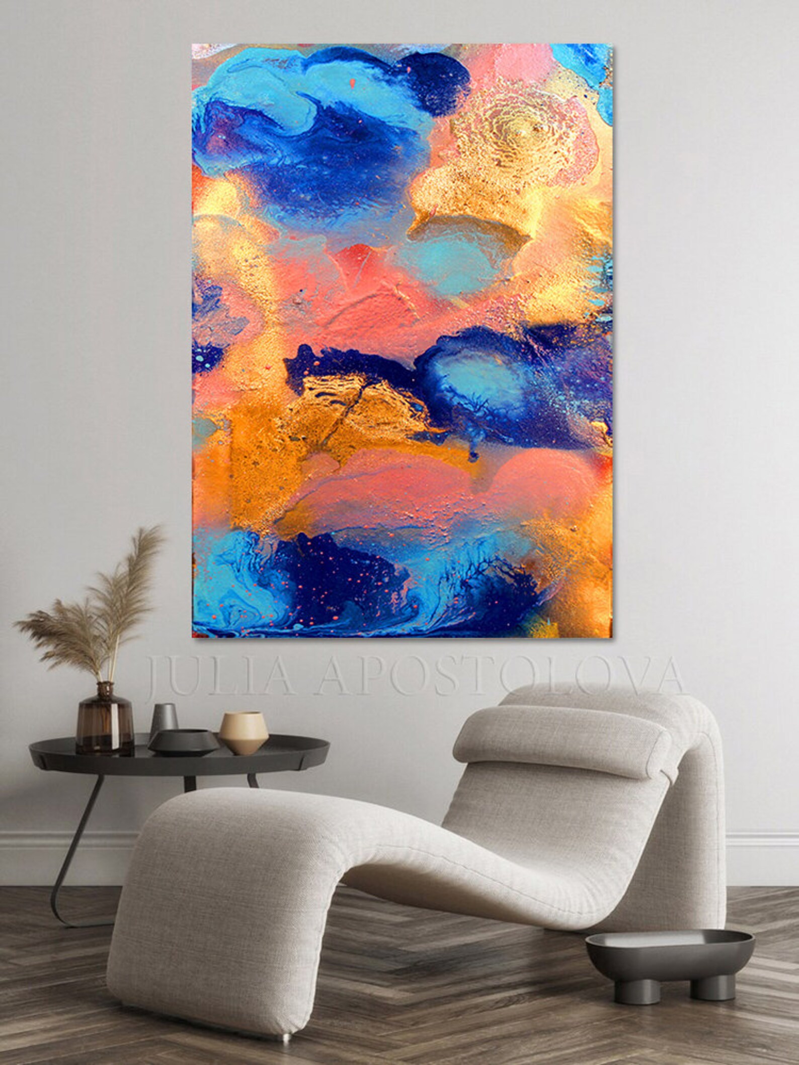 Large Blue Art Abstract Painting Ocean Wall Art Gold Etsy