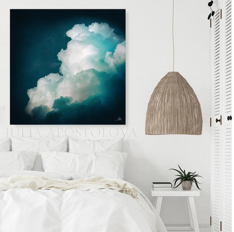 55'' Extra Large Abstract Oil Painting Prints Dark Teal Canvas Cloud Painting, Gift For Him, Signed Teal Wall Art by artist Julia Apostolova image 9