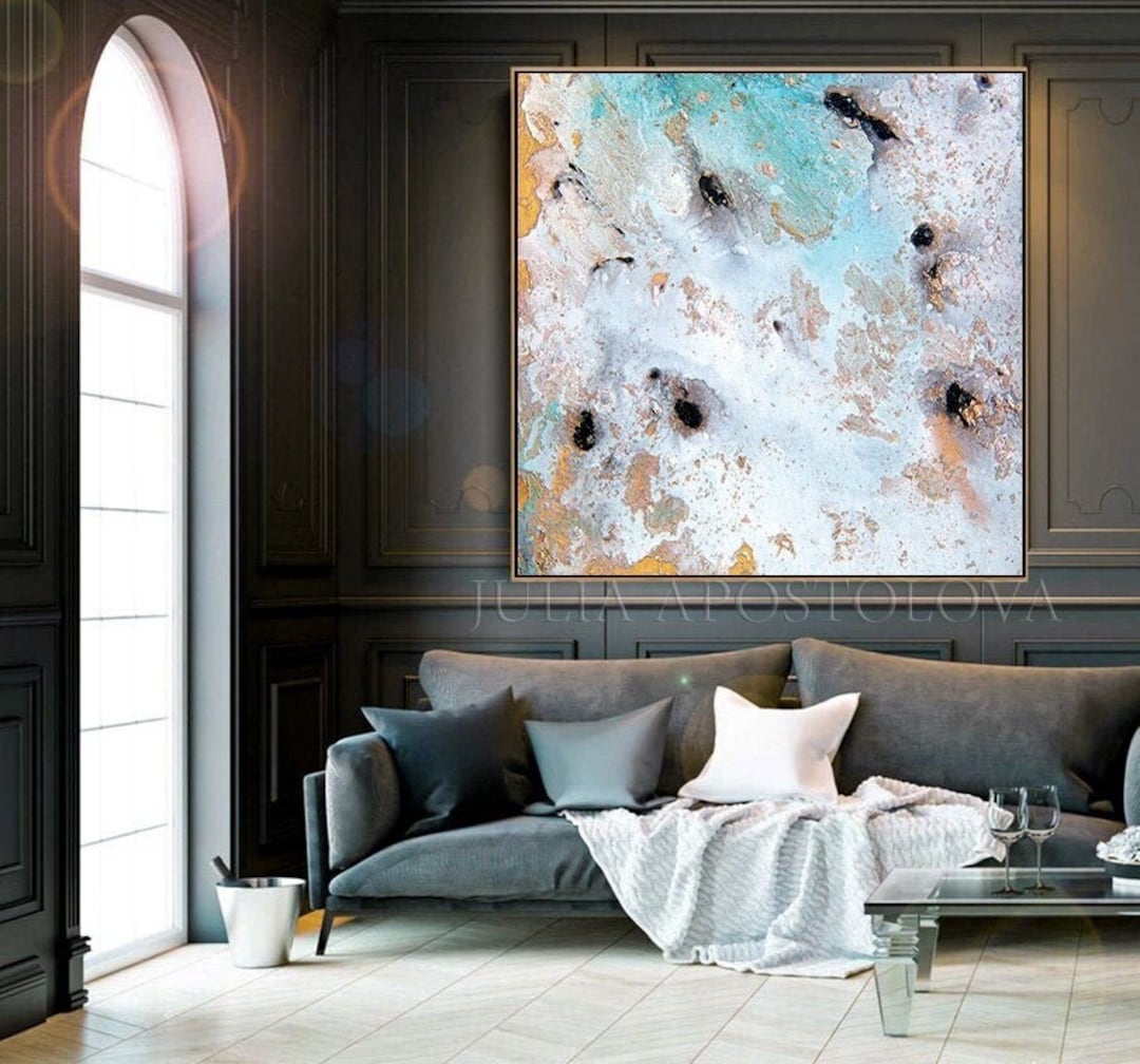Gold Leaf Abstract Canvas Art - Minimalist Black and White Painting ...