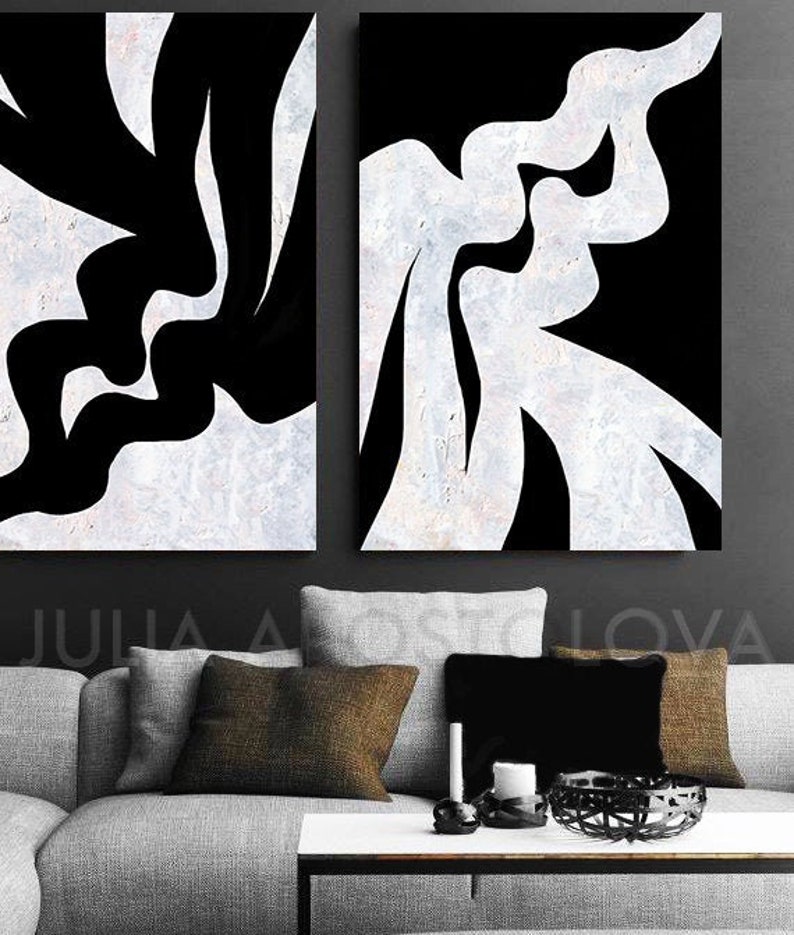 Black and White Huge Wall Art Paintings Abstract Canvas Set Etsy