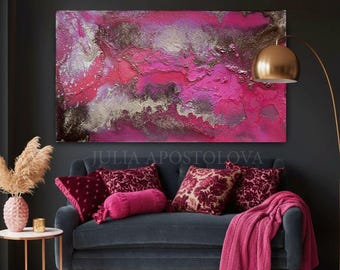 art, abstract painting, large pink painting print, gold, rose, purple, print on canvas, modern wall decor art, giclee, julia apostolova