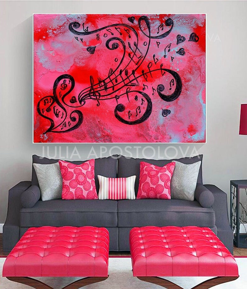 Abstract art music notes print on large canvas from Original Music Painting, pink black art wall decor, abstract music print, Gift for Her image 3