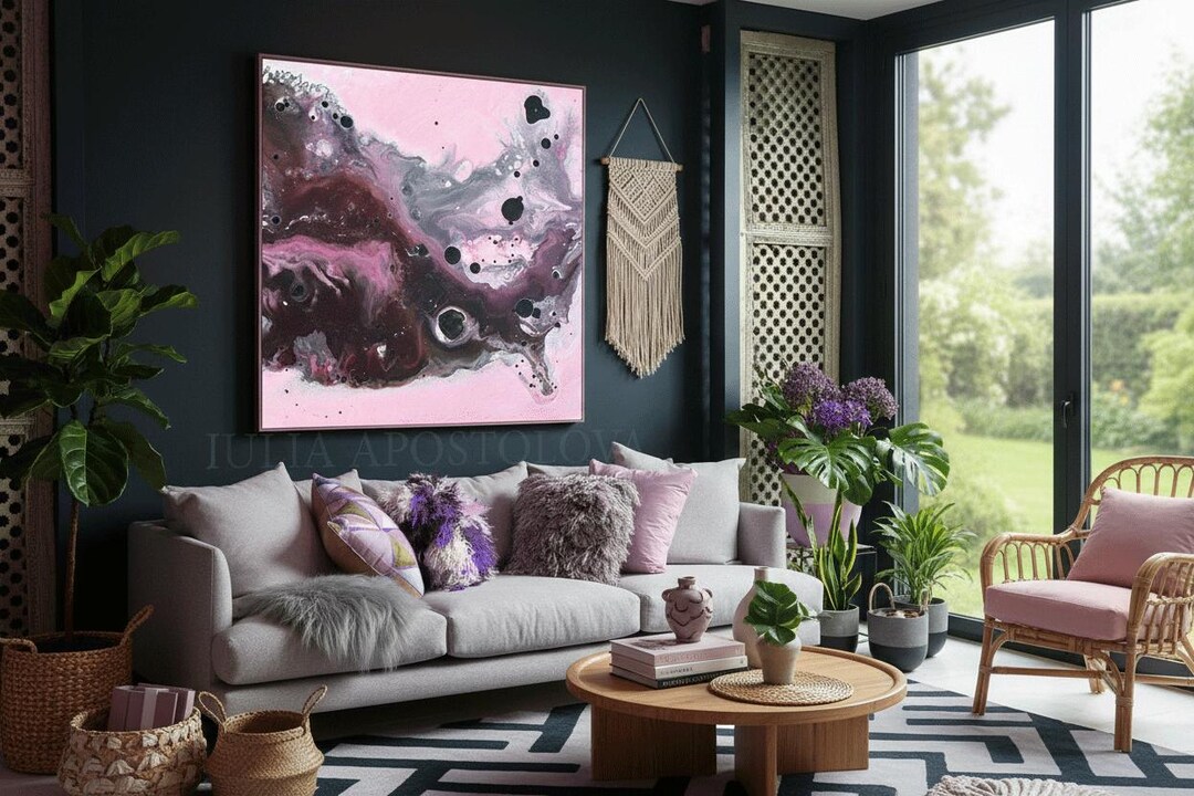 Pink Black Canvas Art: Large Abstract Painting Print, Modern Boho Wall ...
