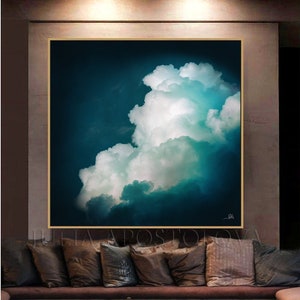 Extra Large Abstract Oil Teal Canvas Cloud Painting Print on Hight Quality Canvas, Ready to Hang and signed by artist Julia Apostolova. Will be shipped Expess