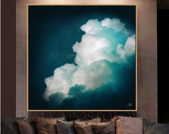 55'' Extra Large Abstract Oil Painting Prints Dark Teal Canvas Cloud Painting, Gift For Him, Signed Teal Wall Art by artist Julia Apostolova