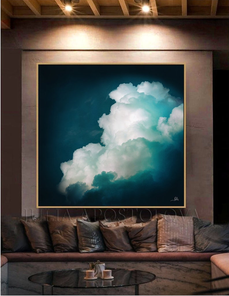 Extra Large Abstract Oil Teal Canvas Cloud Painting Print on Hight Quality Canvas, Ready to Hang and signed by artist Julia Apostolova. Will be shipped Expess