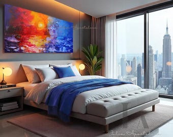 Large Sunset painting: Abstract Seascape Art on Canvas, Ocean Abstract Painting Print for Livingroom Home Office Wall Decor Julia Apostolova