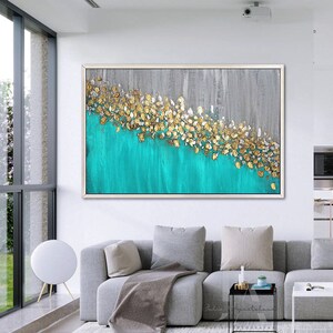 Dark Teal Gold and Gray Abstract Painting Gold Leaf and Silver Leaf