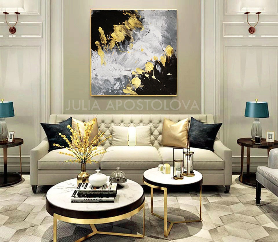 Art & Collectibles Large grey wall painting gold wall art black and ...