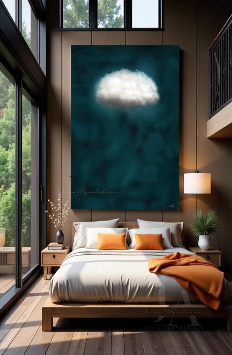 80'', Dark Teal Minimalist Painting, Cloud Wall Art, Oversize Art ...
