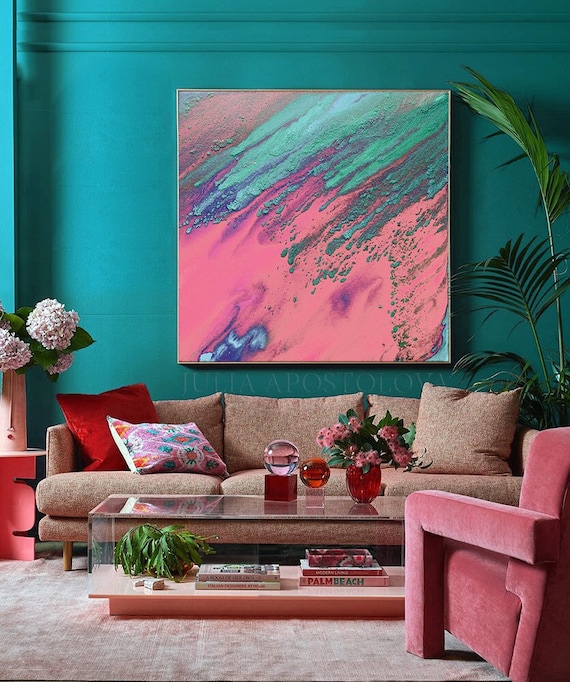 Pink Teal Wall Art, Abstract Canvas Print from Original Painting 'Romantic Dream', Soft Pastel Art by Julia Apostolova, Unique Gift for Her