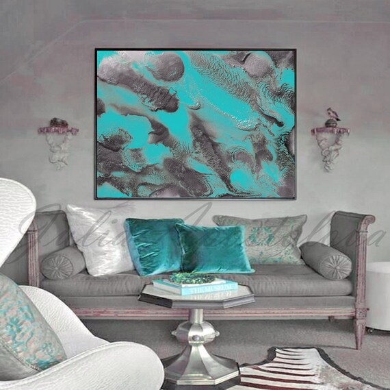 48 Turquoise And Silver Gray Abstract Painting Large Wall Art Watercolor Fine Art Print Abstract Seascape Rhapsody In Turquoise