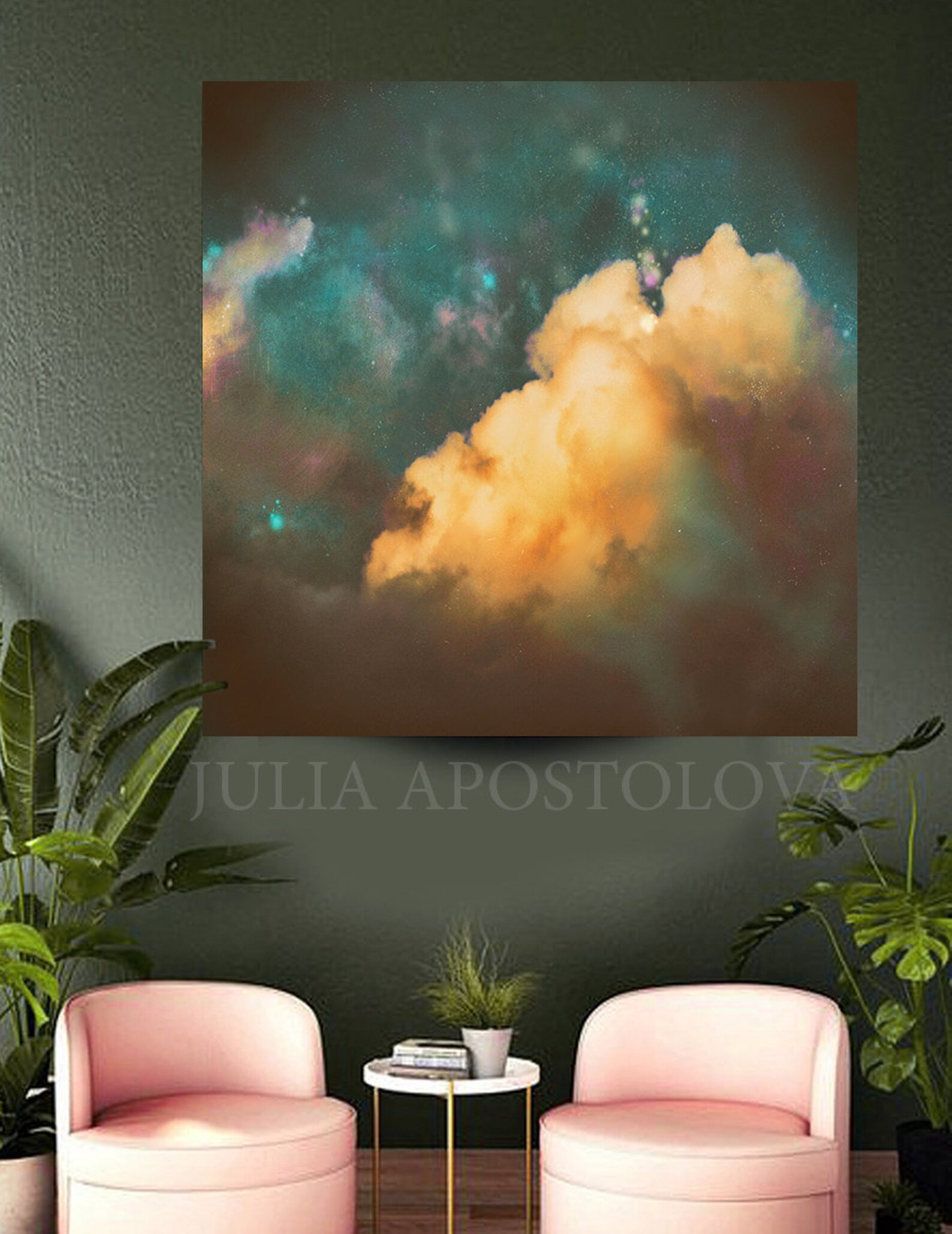 Dark Teal Wall Art Cloud Painting Print Minimalist Canvas Etsy