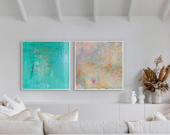 Large Wall Art Abstract Art, Turquoise and Gold, Diptych Pastel Wall Art, Minimalist Art, Abstract Canvas Art Set of 2 for Boho Wall Decor