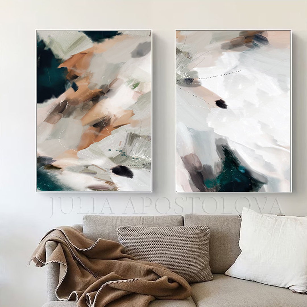 Abstract Neutral Paintings Art Set of 2 Modern Wall Art Beige Gray Teal ...
