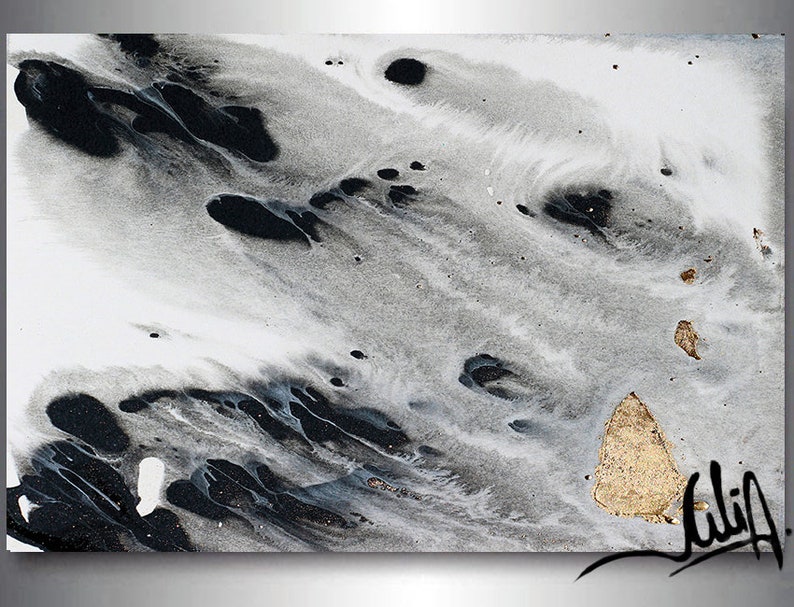 48'' Black White Wall Art Gold Leaf Painting Gray Etsy