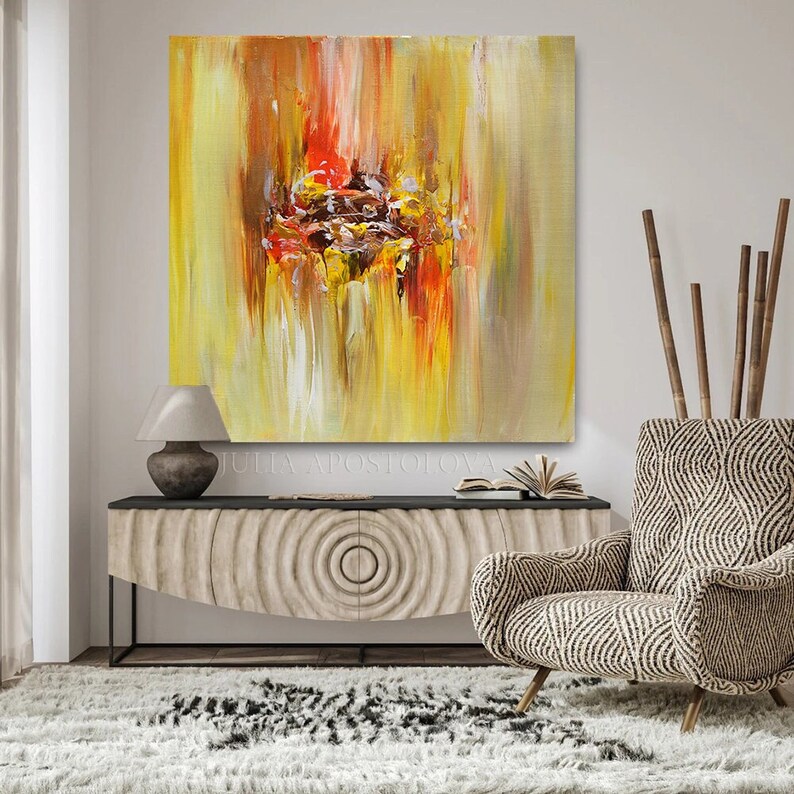 Bright Yellow Brown Art, Abstract Painting, Modern Boho Decor, Minimalist Art Boho Chic Style, Large Canvas Art by Julia Apostolova image 1